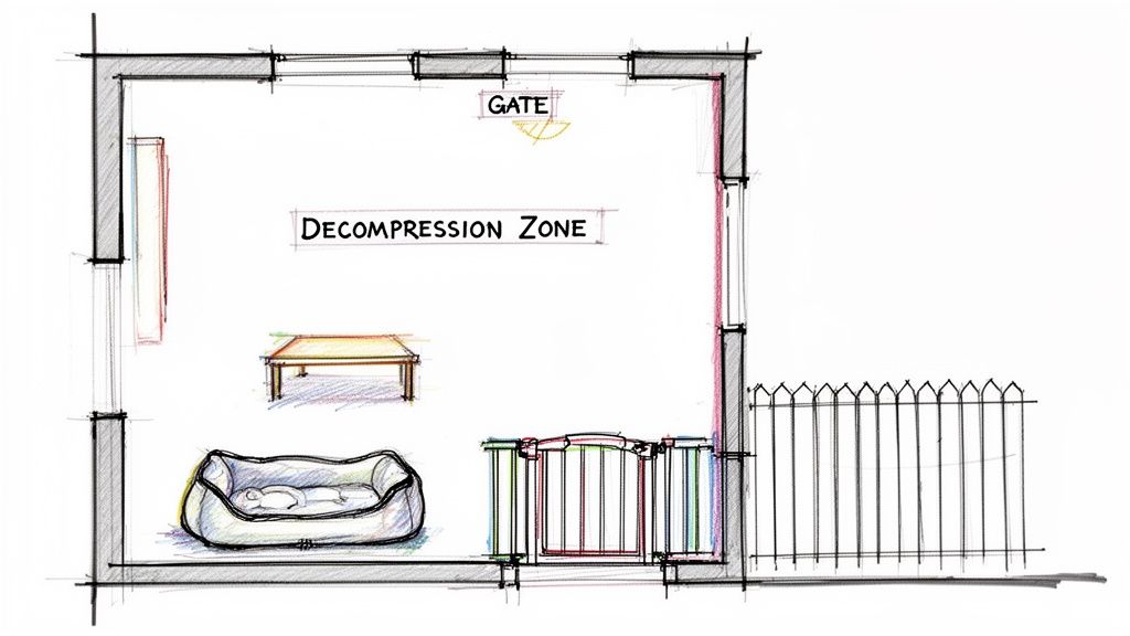 A hand-drawn floor plan sketch of a dog's decompression zone with a bed, table, gate, and outdoor fence.