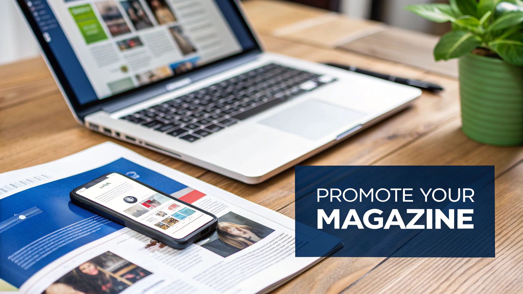 A laptop, smartphone displaying a website, and an open magazine on a wooden desk.