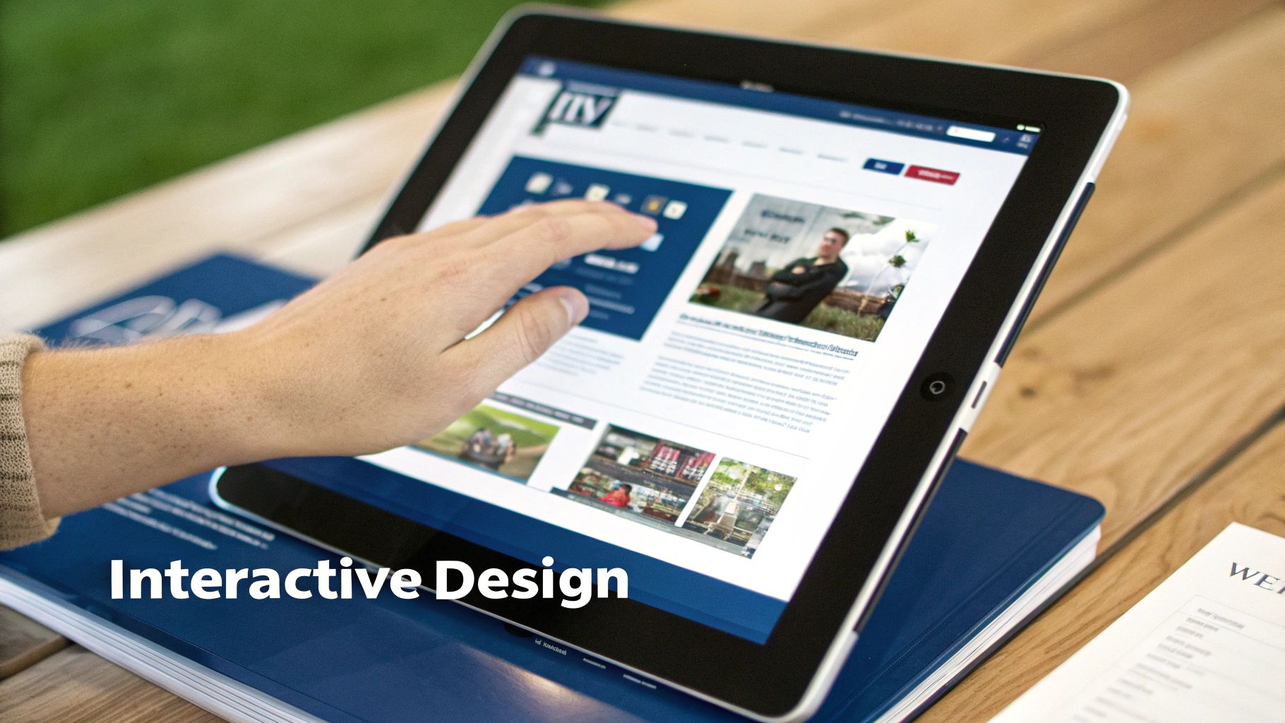 A hand touches a tablet screen displaying an interactive website or online magazine, resting on a blue book.