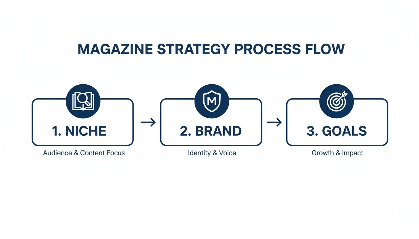 A flow diagram illustrating the three steps of magazine strategy: Niche, Brand, and Goals.