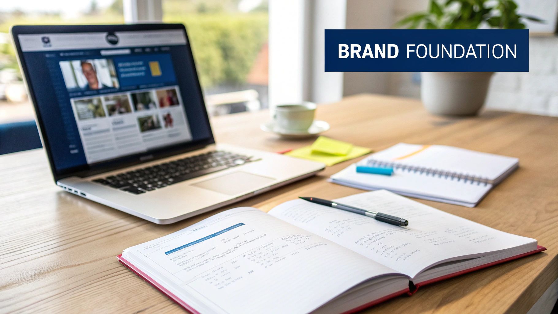 Desk setup with laptop, open notebook, pen, and coffee, emphasizing 'BRAND FOUNDATION' for project planning.
