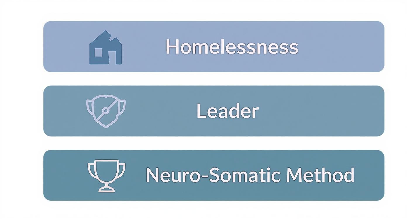 Three banner buttons showing Homelessness, Leader, and Neuro-Somatic Method with corresponding icons