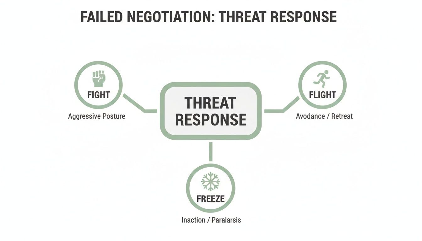 Diagram illustrating the threat response mechanisms in failed negotiations: fight, flight, and freeze reactions.
