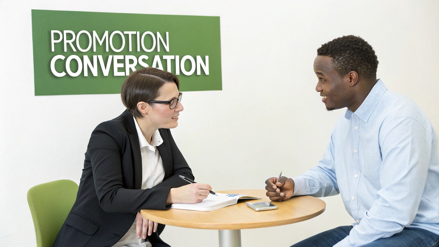 Two professionals discuss a promotion in an office, with one taking notes at a table.