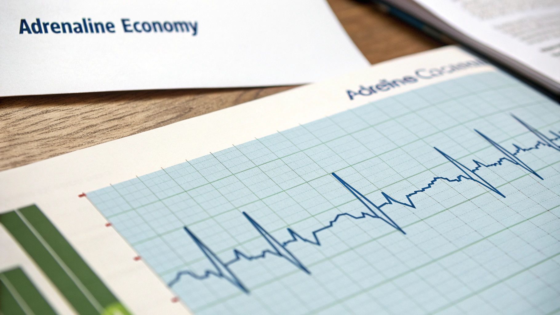 Close-up of papers titled 'Adrenaline Economy' with a dynamic heartbeat graph.
