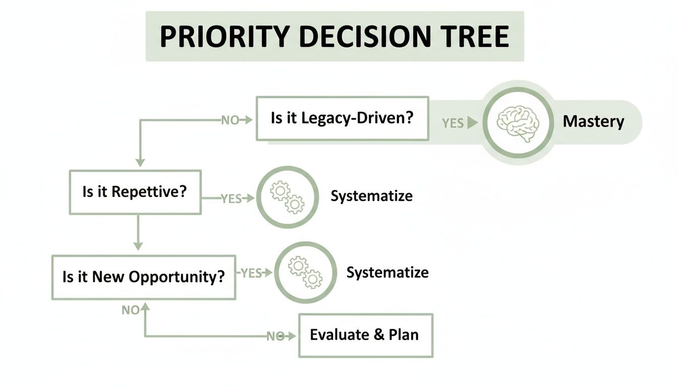 Flowchart illustrating a priority decision tree for task management and new opportunities. Flowchart illustrating a priority decision tree for task management and new opportunities.