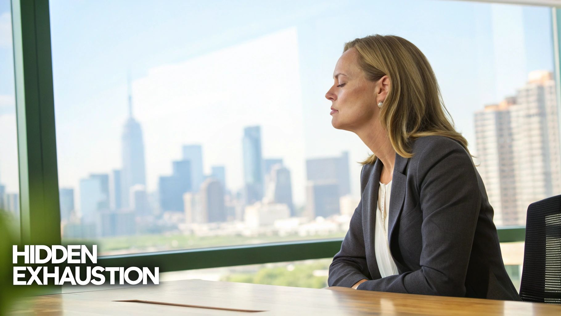 A businesswoman with closed eyes sits at a desk overlooking a city skyline, representing hidden exhaustion.