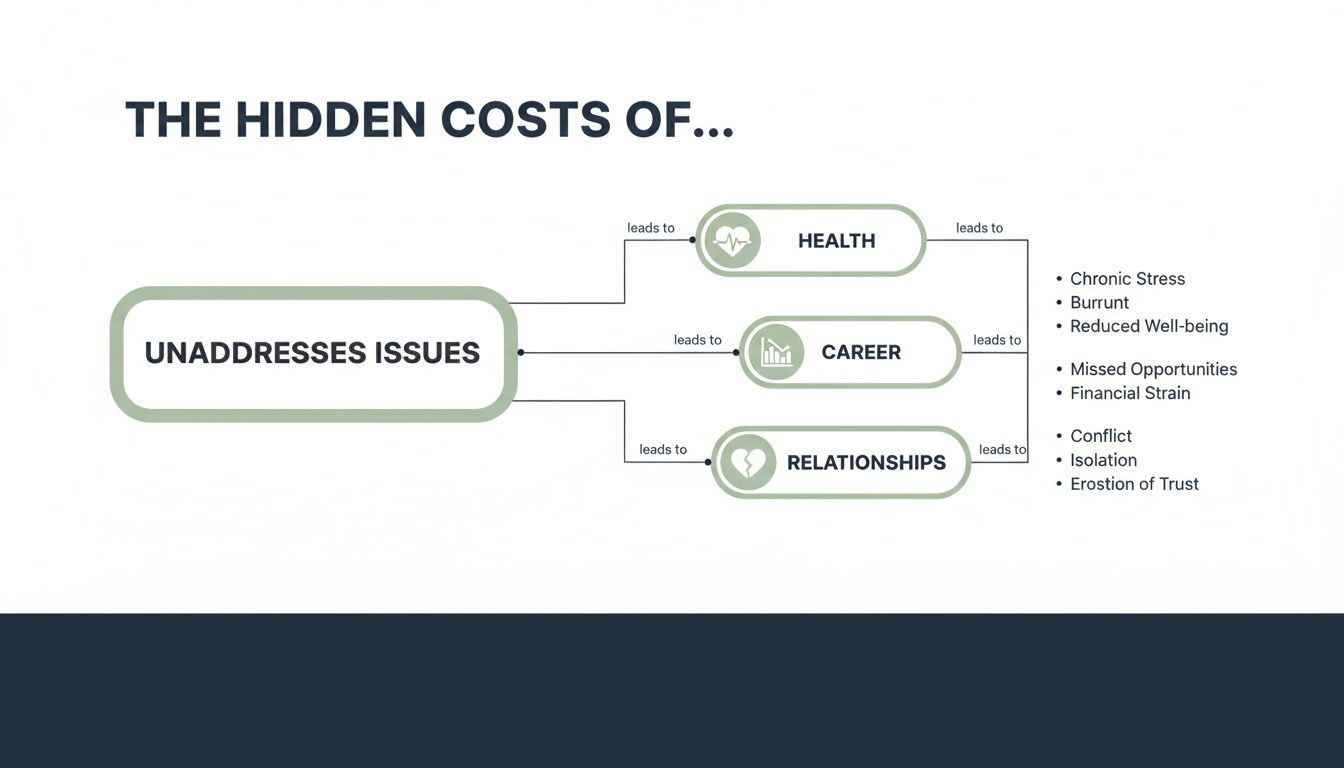 Flowchart illustrating the negative consequences of unaddressed issues on health, career, and relationships.
