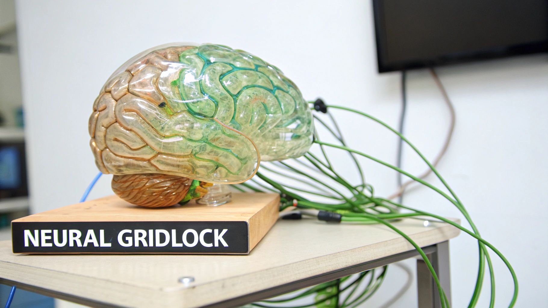 A transparent brain model with green and brown sections, connected by wires, sits on a stand labeled 'NEURAL GRIDLOCK'. A transparent brain model with green and brown sections, connected by wires, sits on a stand labeled 'NEURAL GRIDLOCK'.