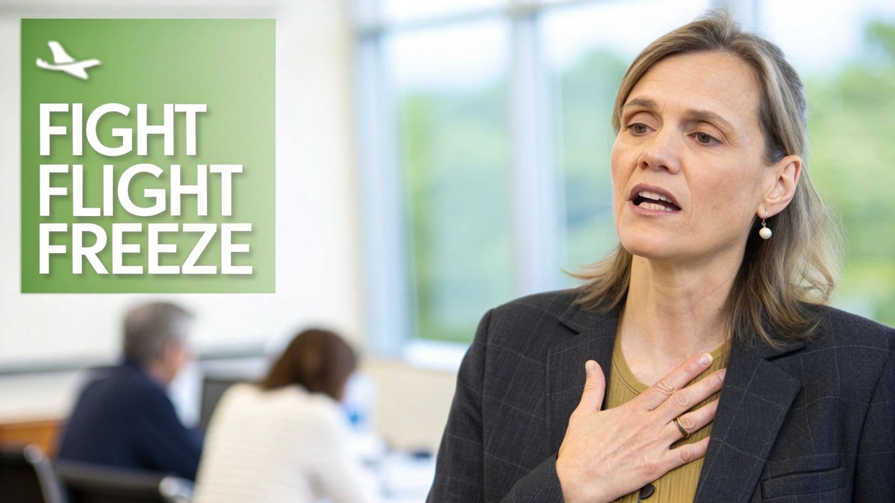 A woman in a professional suit speaks emphatically, hand on her chest, with a 'FIGHT FLIGHT FREEZE' sign.