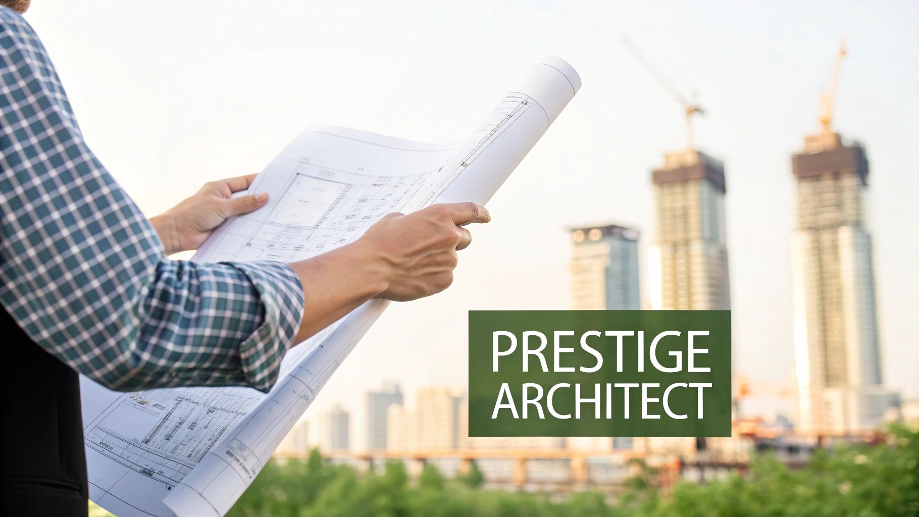 An architect holds blueprints, reviewing plans with a modern city skyline and construction sites in the background.