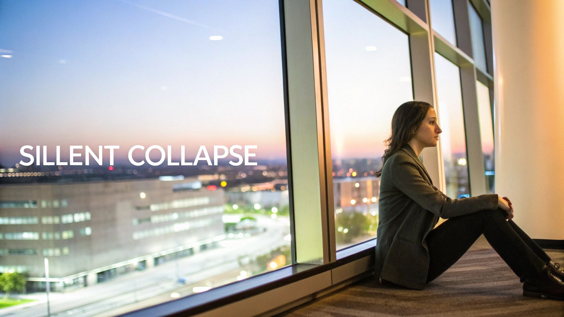 Woman sits contemplatively by a large window overlooking a city at dusk, with 'SILLENT COLLAPSE' text. Woman sits contemplatively by a large window overlooking a city at dusk, with 'SILLENT COLLAPSE' text.