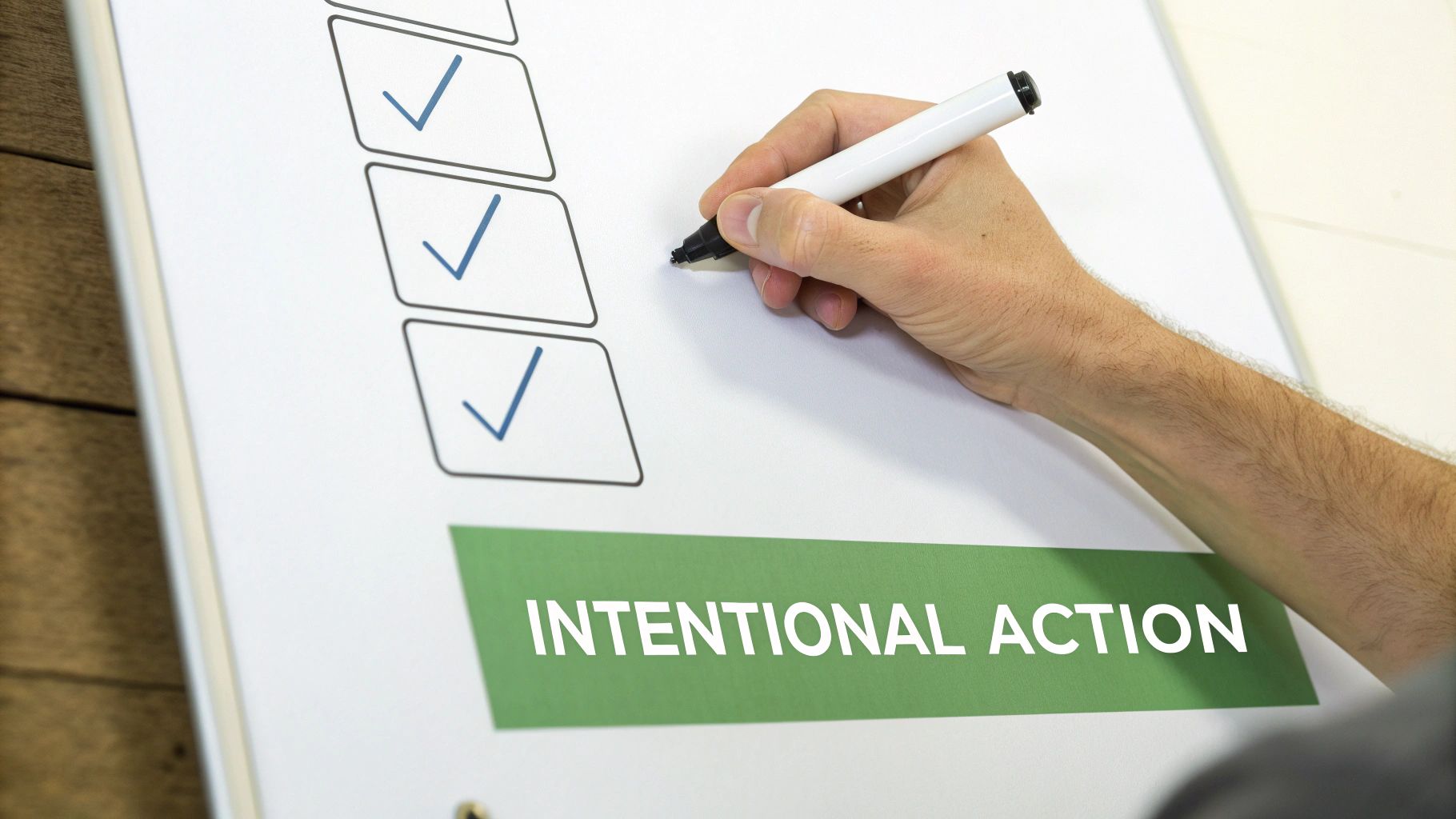 A hand checking off three blue checkmarks on a white checklist with the words 'INTENTIONAL ACTION' below. A hand checking off three blue checkmarks on a white checklist with the words 'INTENTIONAL ACTION' below.