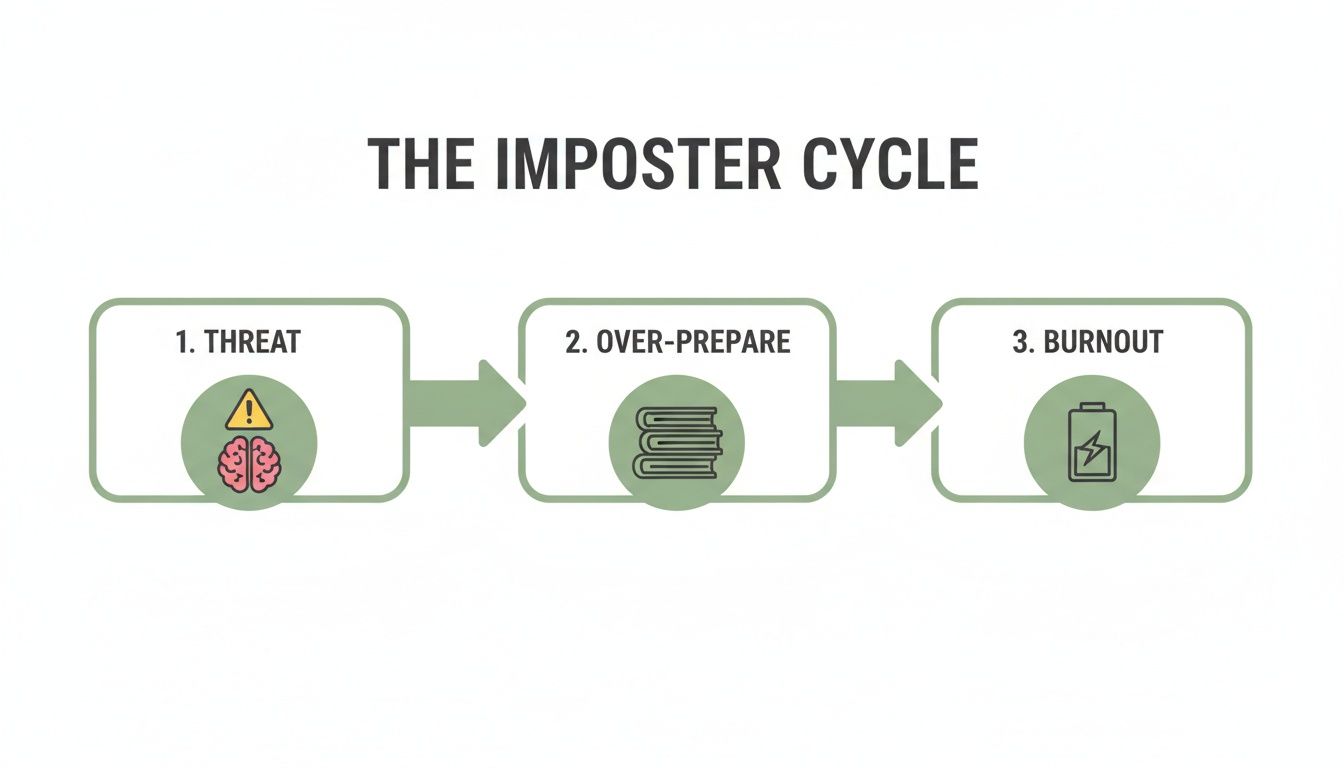 An infographic showing the three-step imposter cycle: threat, over-prepare, and burnout.