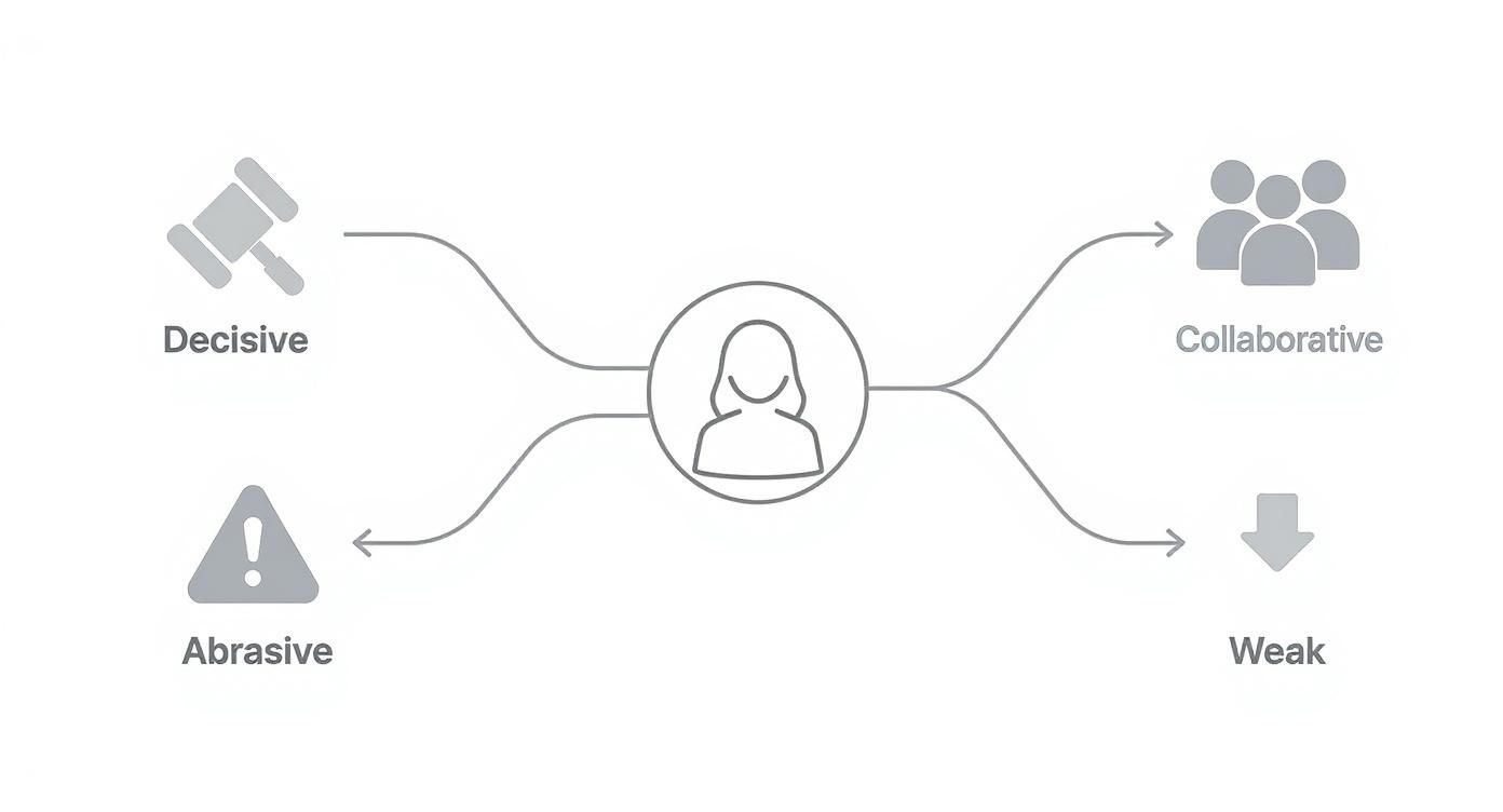Diagram showing a woman figure connected to 'Decisive', 'Abrasive', 'Collaborative', and 'Weak' traits.