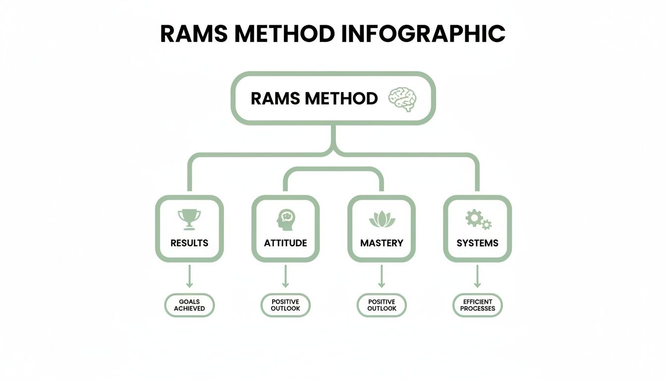 Infographic illustrating the RAMS Method for achieving goals, positive outlook, and efficient processes.