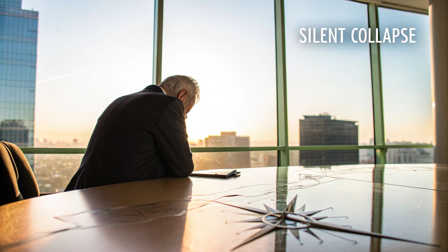 A man in a suit sits slumped at a large office table, overlooking a city skyline. A man in a suit sits slumped at a large office table, overlooking a city skyline.