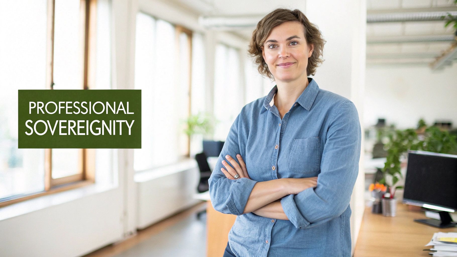 A smiling professional woman with short hair stands with crossed arms in a bright office, near a 'Professional Sovereignty' sign.