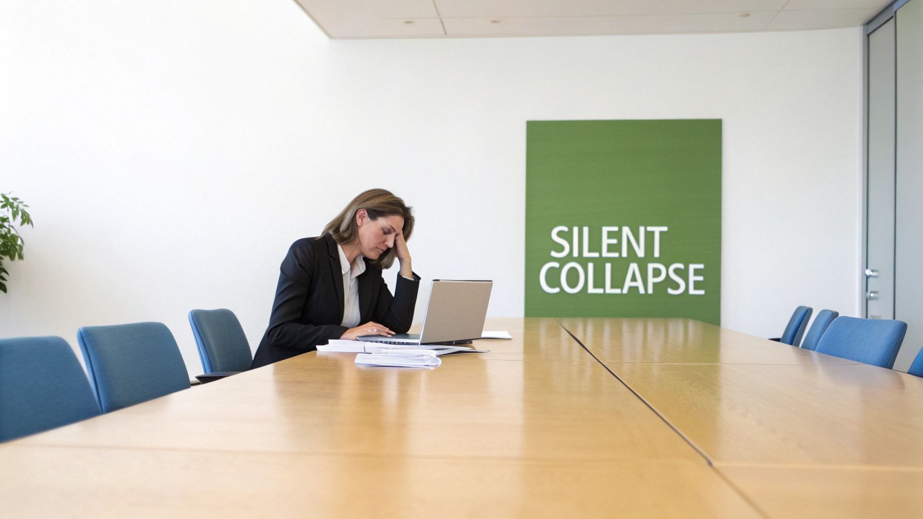 A stressed businesswoman sits at a conference table with a laptop, next to a 'Silent Collapse' sign.