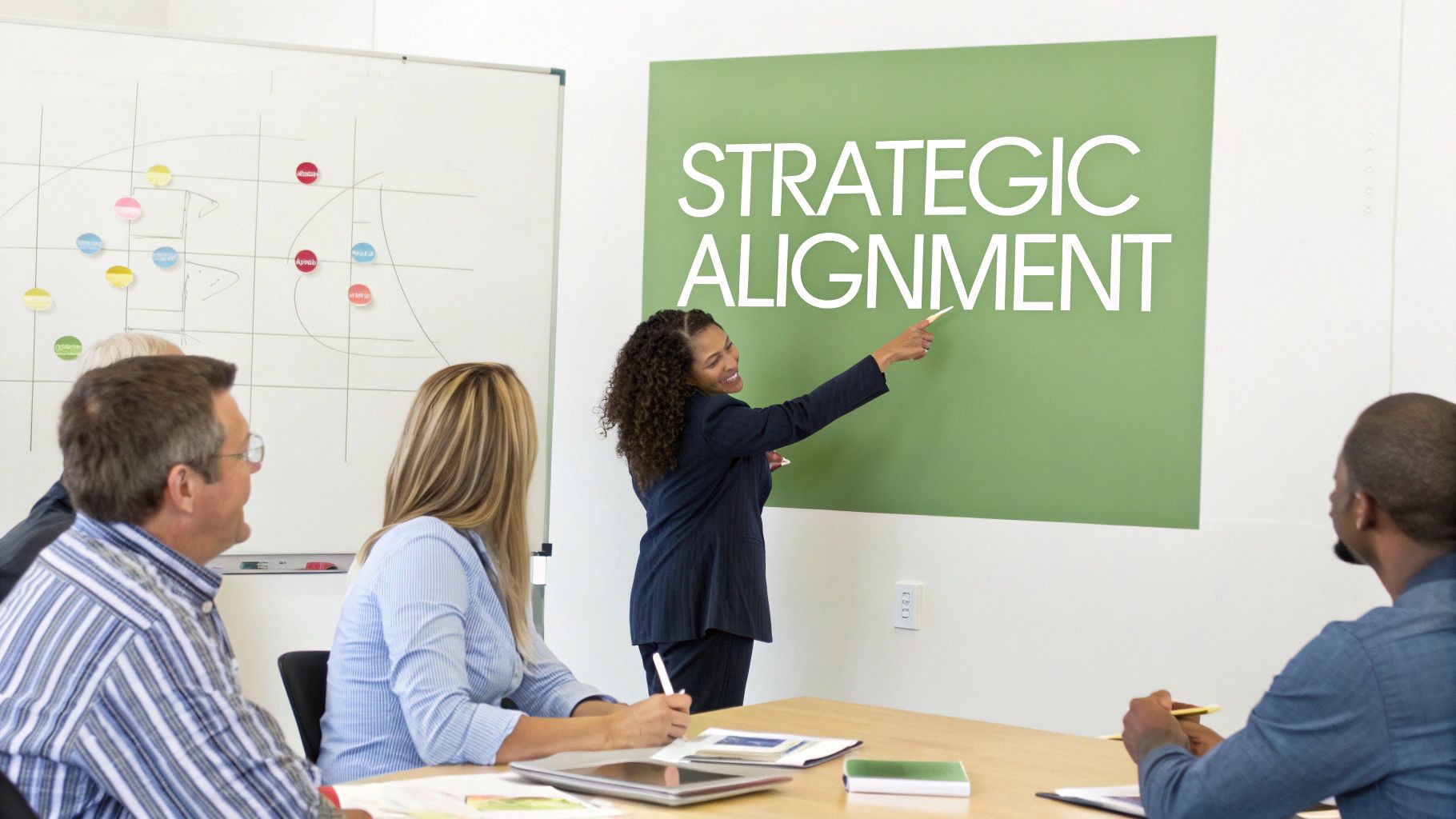 A diverse group of professionals in a meeting, with a woman pointing to 'STRATEGIC ALIGNMENT' on a green board. A diverse group of professionals in a meeting, with a woman pointing to 'STRATEGIC ALIGNMENT' on a green board.