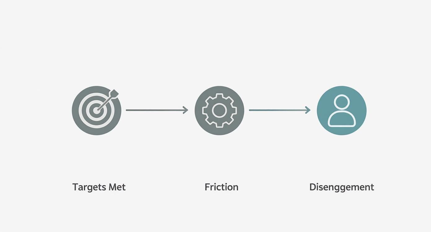Flowchart showing a progression from 'Targets Met' to 'Friction' and then to 'Disengagement'. Flowchart showing a progression from 'Targets Met' to 'Friction' and then to 'Disengagement'.