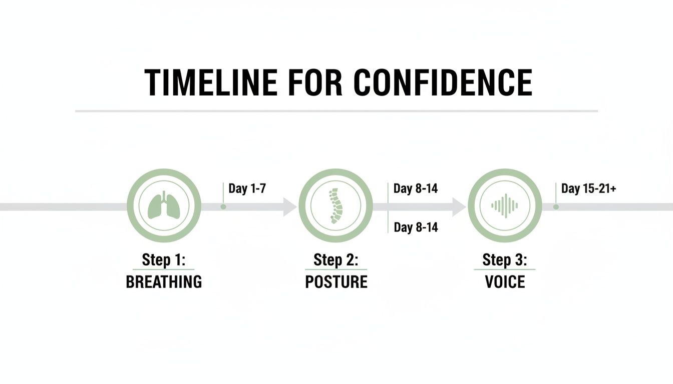 A timeline showing three steps for building confidence: breathing (Days 1-7), posture (Days 8-14), and voice (Days 15-21+).