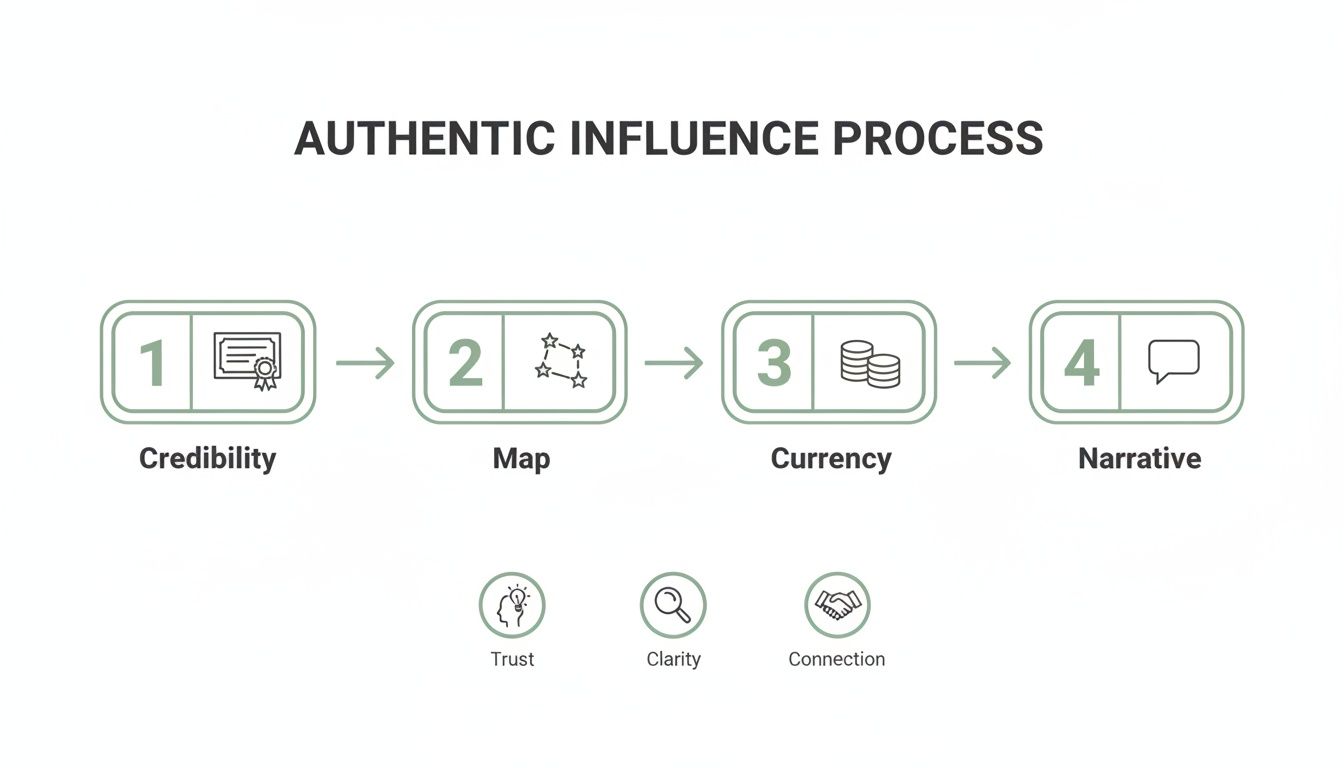 Diagram showing the Authentic Influence Process steps: Credibility, Map, Currency, and Narrative, with supporting concepts Trust, Clarity, and Connection.