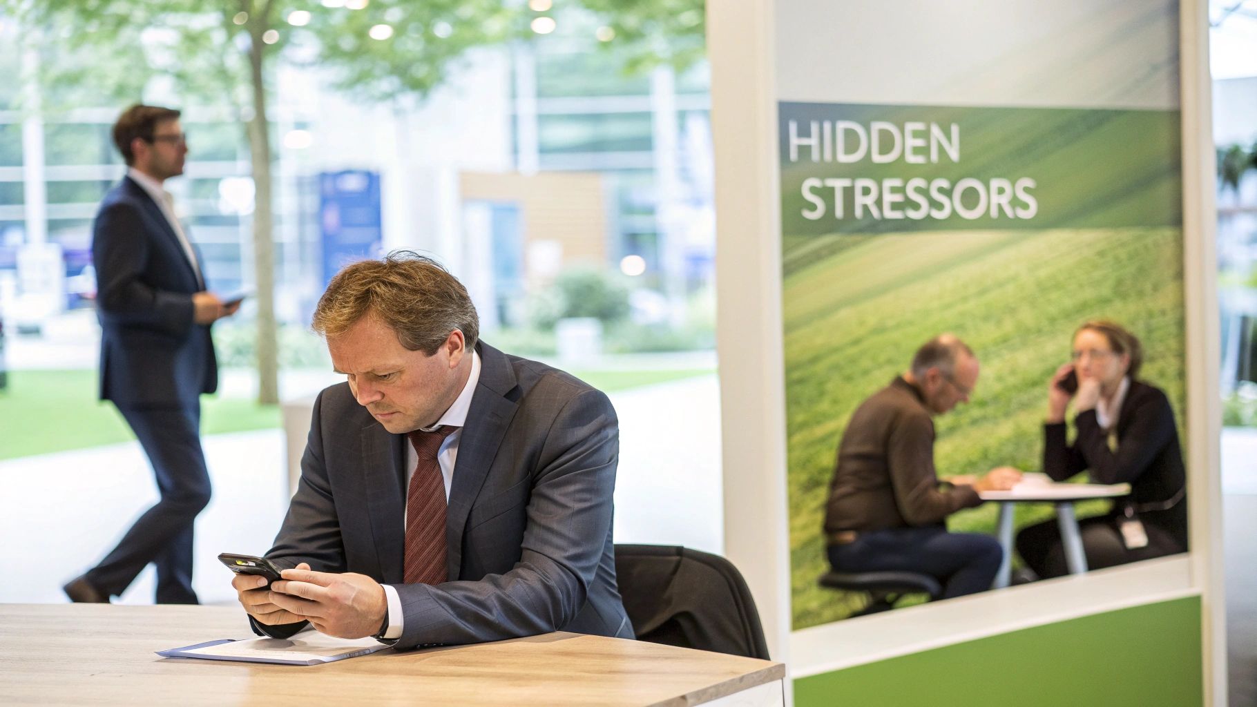 A businessman intently uses his smartphone at a desk, with a 'Hidden Stressors' sign in the background.