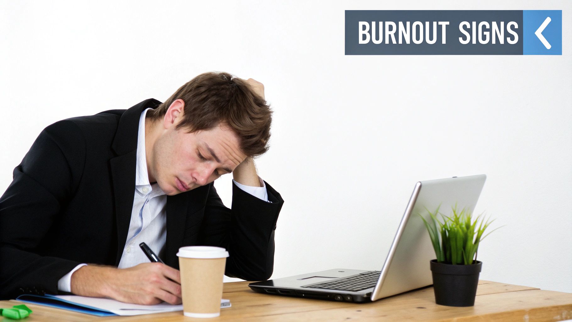Executive woman looking exhausted at her desk, symbolizing the internal struggle of burnout. Executive woman looking exhausted at her desk, symbolizing the internal struggle of burnout.