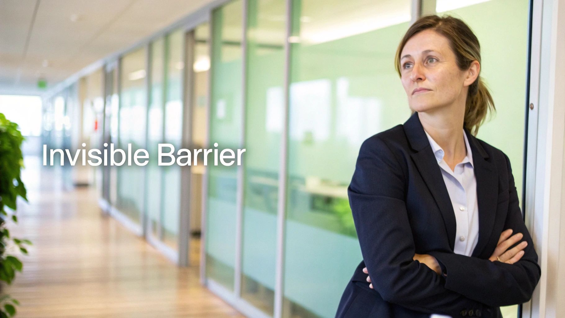 A professional woman in a suit stands in an office hallway, arms crossed, looking thoughtful.