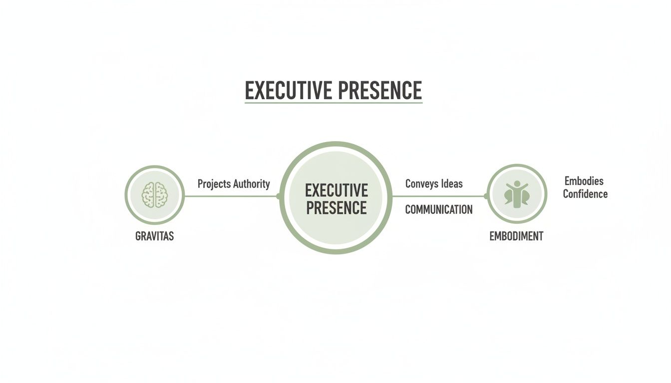 Diagram explaining executive presence, detailing gravitas projecting authority, communication conveying ideas, and embodiment reflecting confidence.