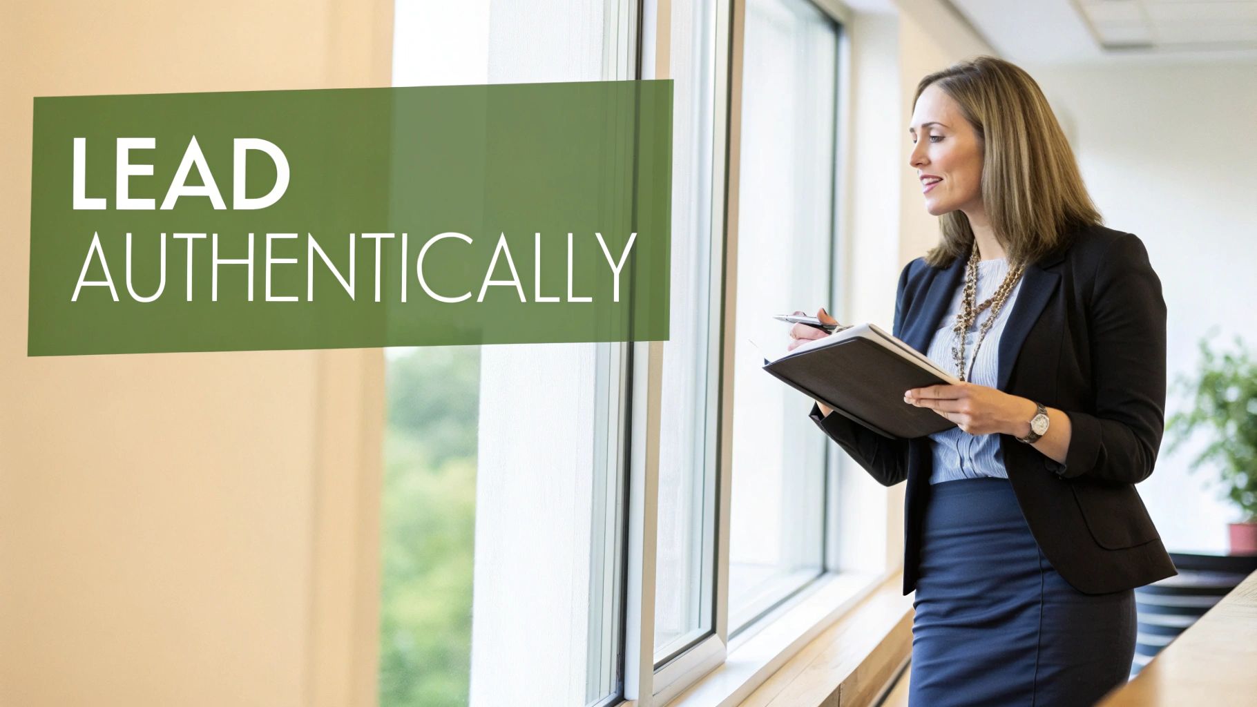 A professional woman in a suit holds a notebook by a window, with text 'LEAD AUTHENTICALLY'.