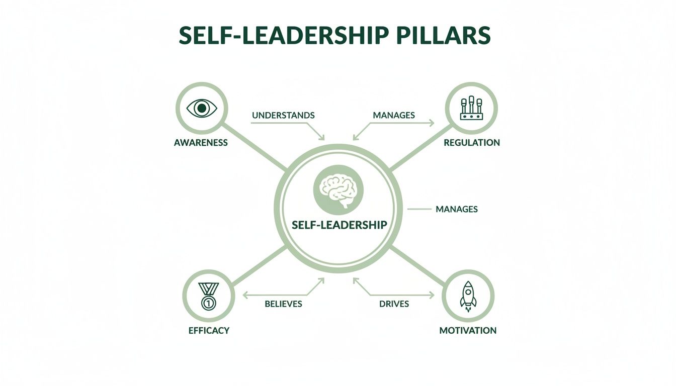 Diagram illustrating the four pillars of self-leadership: awareness, regulation, efficacy, and motivation.