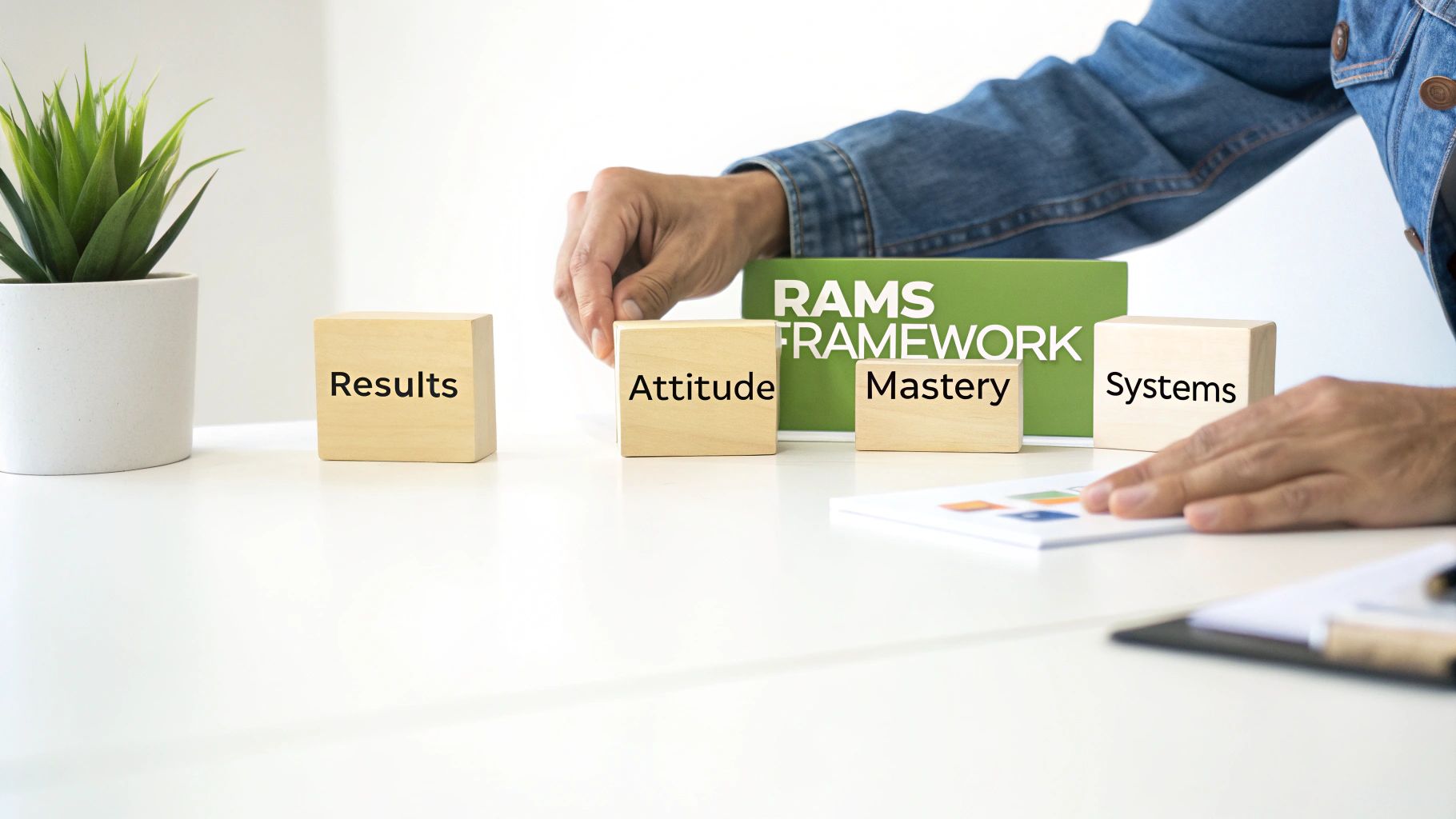 A person arranging wooden blocks displaying 'Results, Attitude, Mastery, Systems' for the 'RAMS FRAMEWORK'. A person arranging wooden blocks displaying 'Results, Attitude, Mastery, Systems' for the 'RAMS FRAMEWORK'.