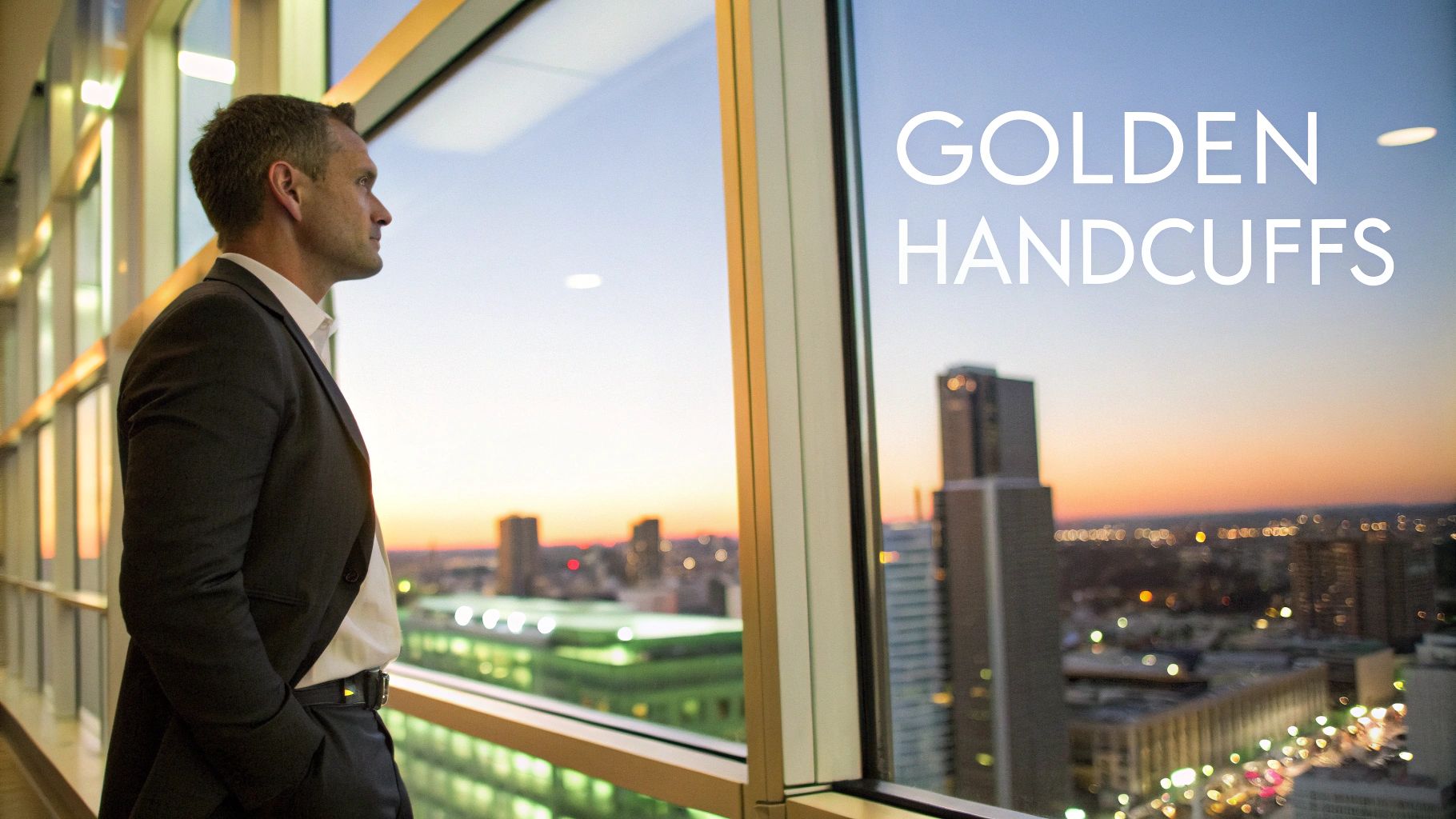 Professional man in a suit looking out a large window at a city skyline during sunset. Text reads 'GOLDEN HANDCUFFS'.