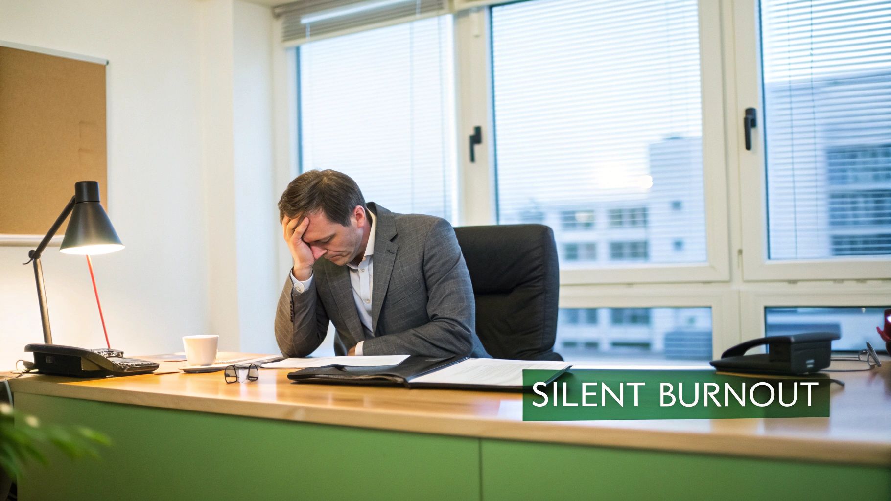 A stressed man in a suit at an office desk, holding his head, representing silent burnout. A stressed man in a suit at an office desk, holding his head, representing silent burnout.