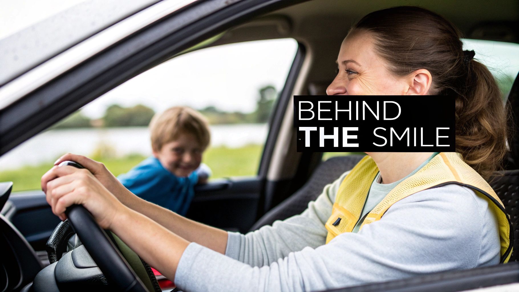 A professional woman sitting in her car, looking tired and overwhelmed, representing the moment of silent collapse for a working mother.