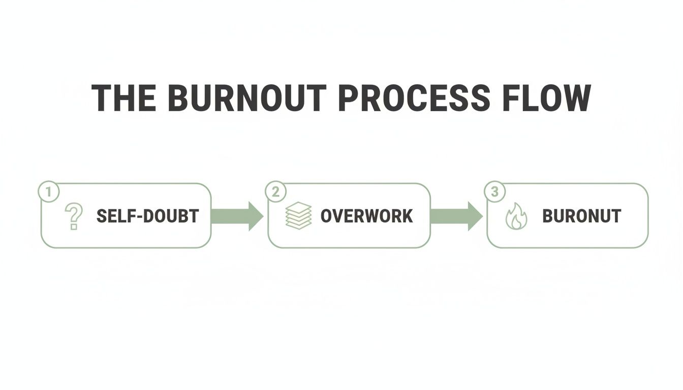 A simple flowchart illustrating the burnout process: self-doubt, leading to overwork, resulting in burnout.