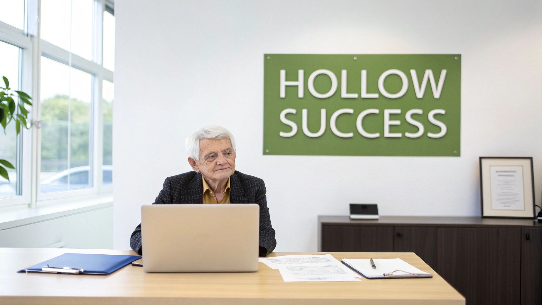 An elderly man sits at a desk with a laptop, facing a green 'Hollow Success' sign.