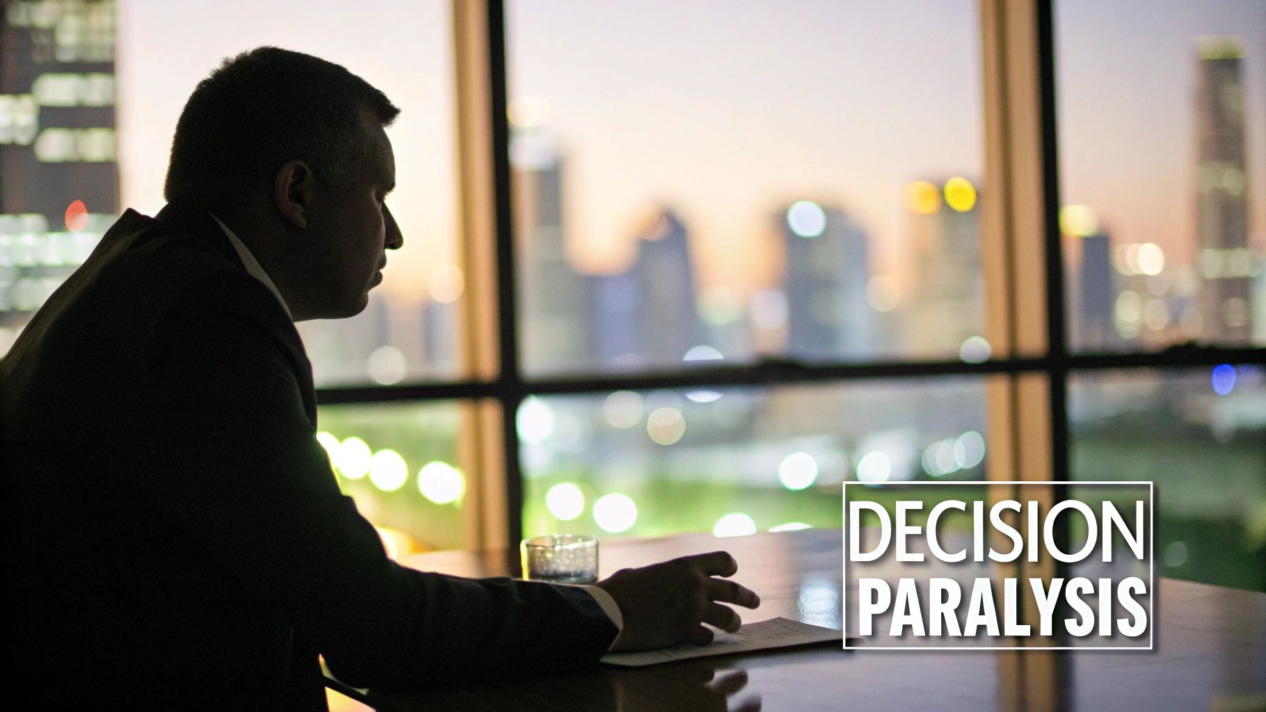 A man in a suit looks out a window at a city skyline, reflecting decision paralysis. A man in a suit looks out a window at a city skyline, reflecting decision paralysis.