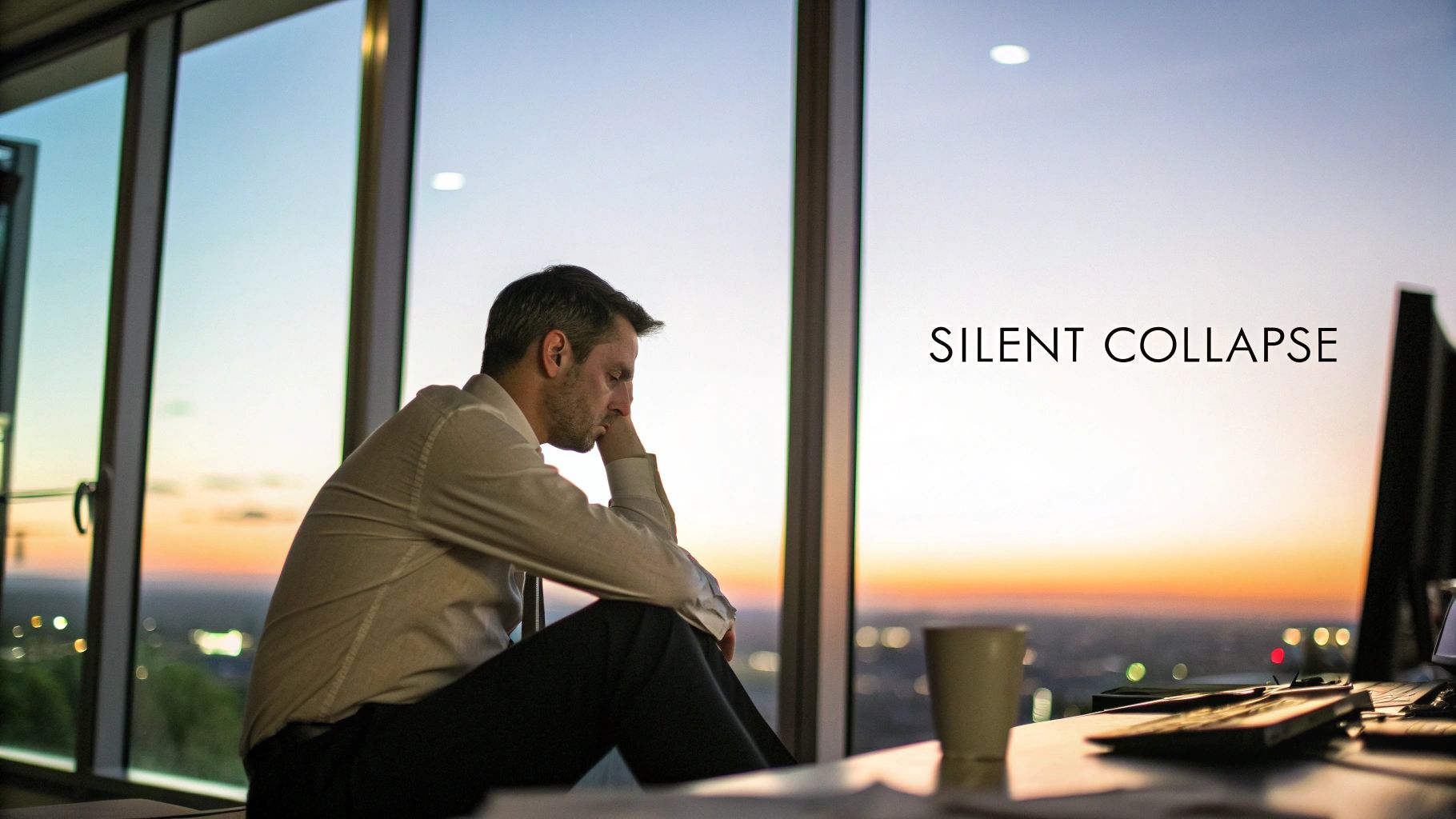 A woman in an executive role sitting at her desk, looking thoughtful and slightly overwhelmed.