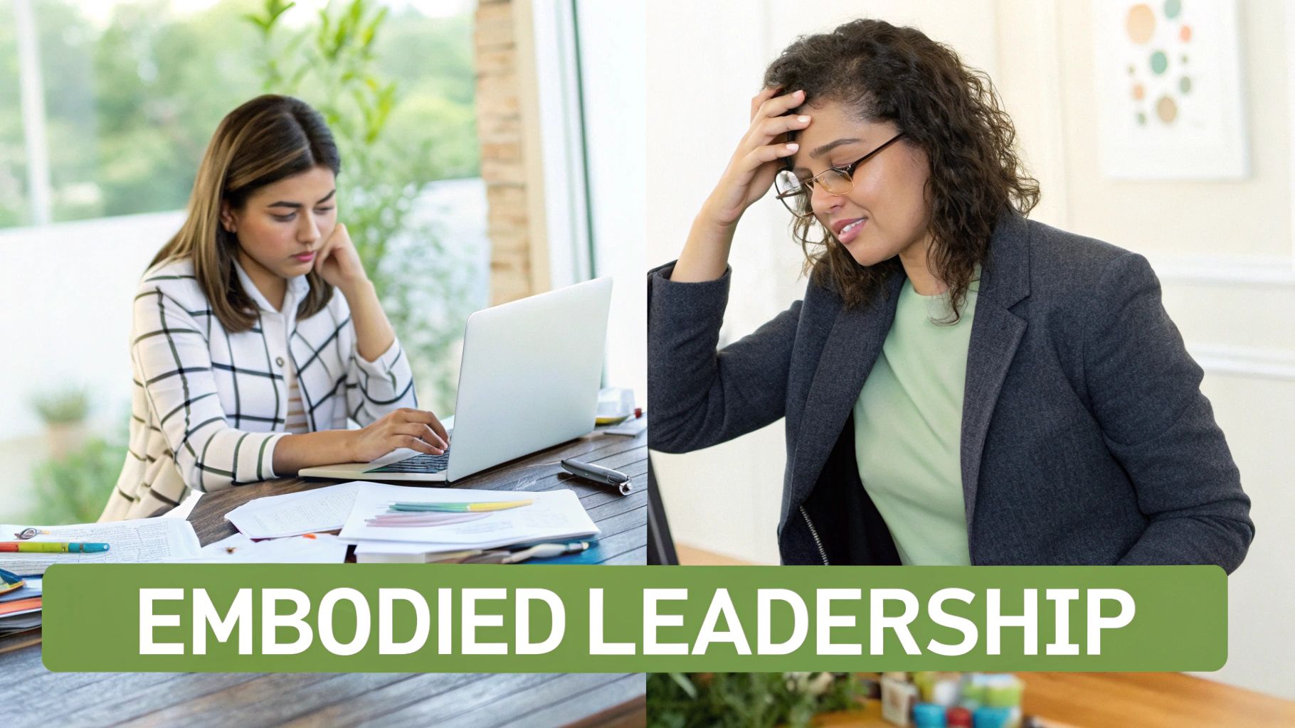Two professional women, one focused on a laptop, the other looking stressed, with 'EMBODIED LEADERSHIP' text. Two professional women, one focused on a laptop, the other looking stressed, with 'EMBODIED LEADERSHIP' text.