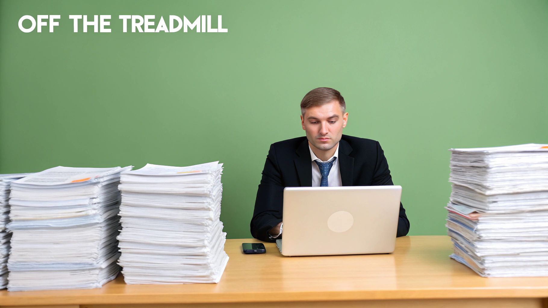 Focused businessman at a desk with a laptop and overwhelming piles of documents, off the treadmill. Focused businessman at a desk with a laptop and overwhelming piles of documents, off the treadmill.