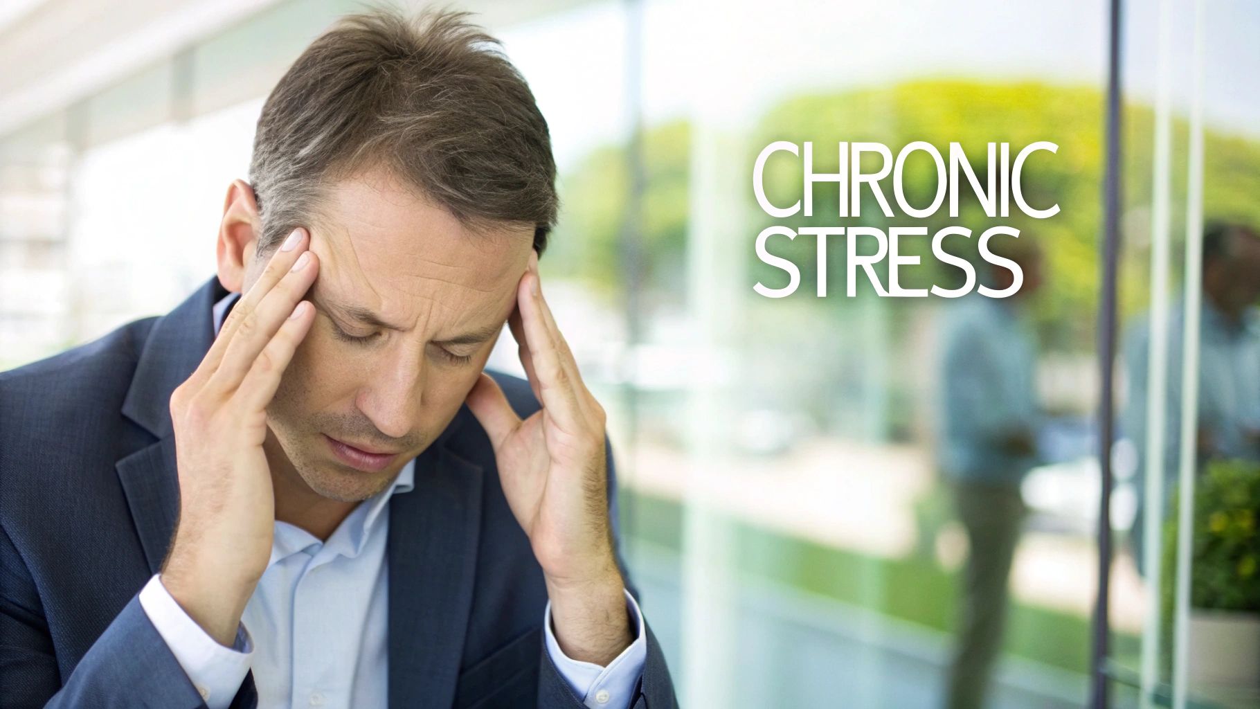 A man in a suit clutches his head, looking stressed, with 'CHRONIC STRESS' text overlay.