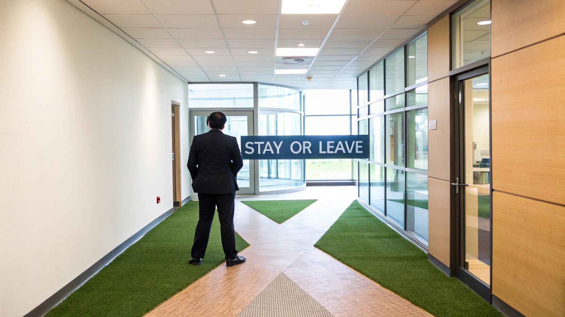 Woman at a crossroads, representing the decision to stay or leave her job.