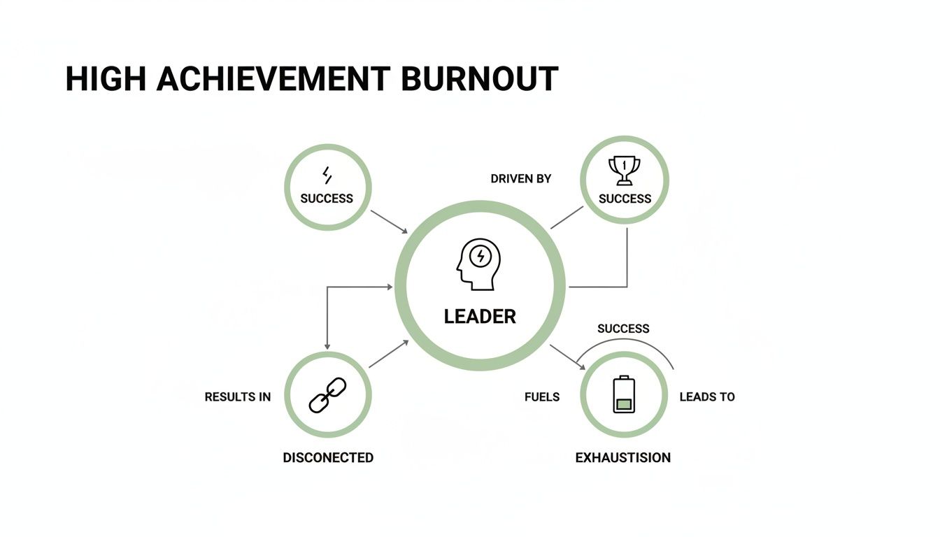 Diagram showing the High Achievement Burnout cycle, illustrating how leaders driven by success can become disconnected and exhausted.