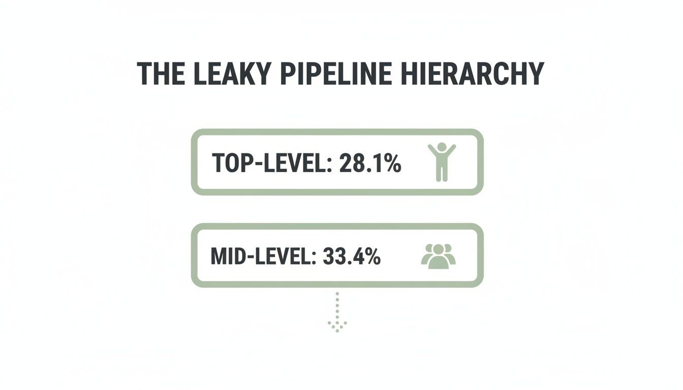 Infographic detailing the leaky pipeline hierarchy with top-level at 28.1% and mid-level at 33.4%. Infographic detailing the leaky pipeline hierarchy with top-level at 28.1% and mid-level at 33.4%.