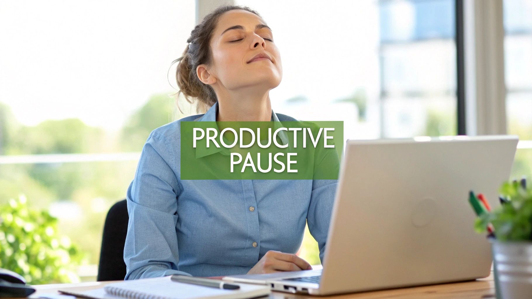 A woman with her eyes closed, taking a productive pause at her desk with a laptop.