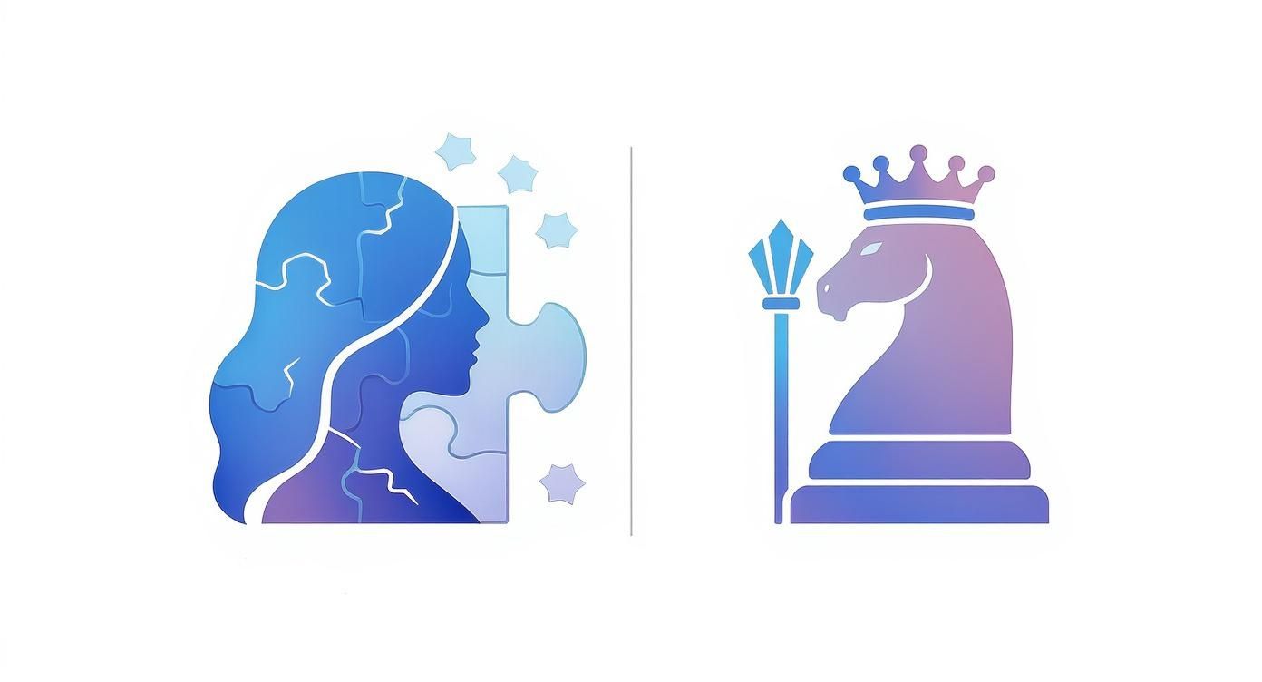 Illustration of a woman's head formed by puzzle pieces next to a crowned chess knight, symbolizing female leadership and strategy. Illustration of a woman's head formed by puzzle pieces next to a crowned chess knight, symbolizing female leadership and strategy.
