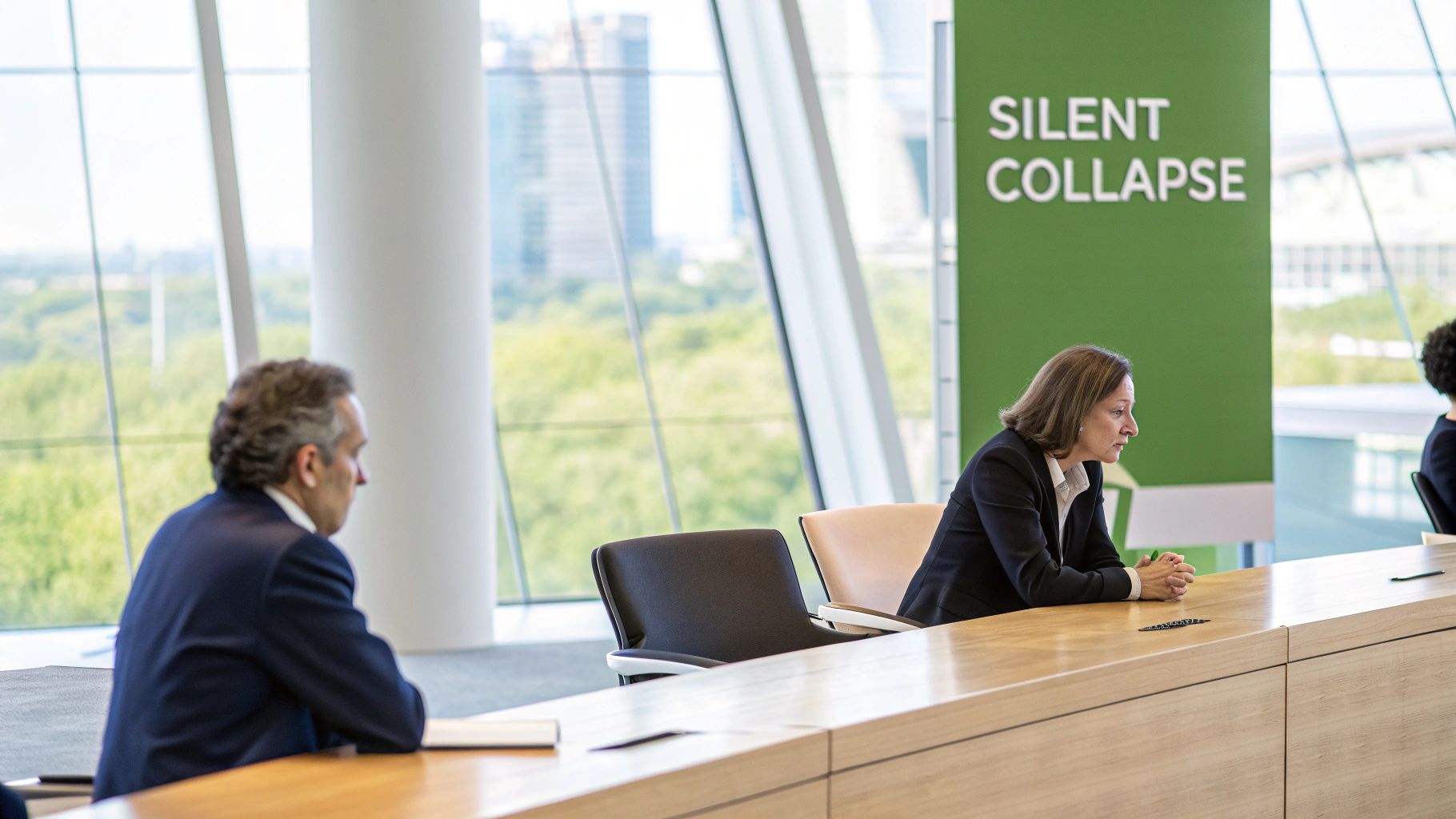 A man and woman sit at a long wooden table in a bright conference room with a "SILENT COLLAPSE" banner. A man and woman sit at a long wooden table in a bright conference room with a "SILENT COLLAPSE" banner.